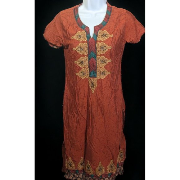 Tops - Rust Embroidered Indian Kurta